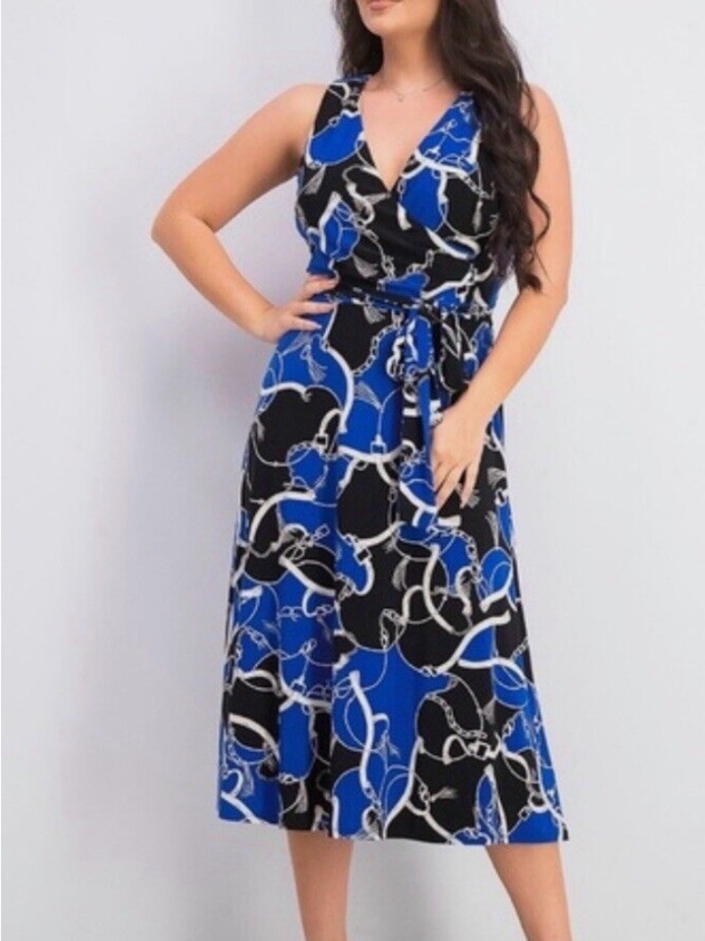 LAUREN Ralph Lauren Midi Dress Women’s 14W Bridle Chain Blue Black Equestrian